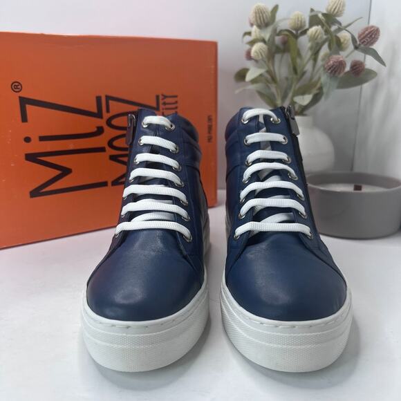 Miz Mooz Mosley Side Zip High Top Leather Sneaker Denim Women EU 38/7.5 NWB FLAW - Picture 2 of 12